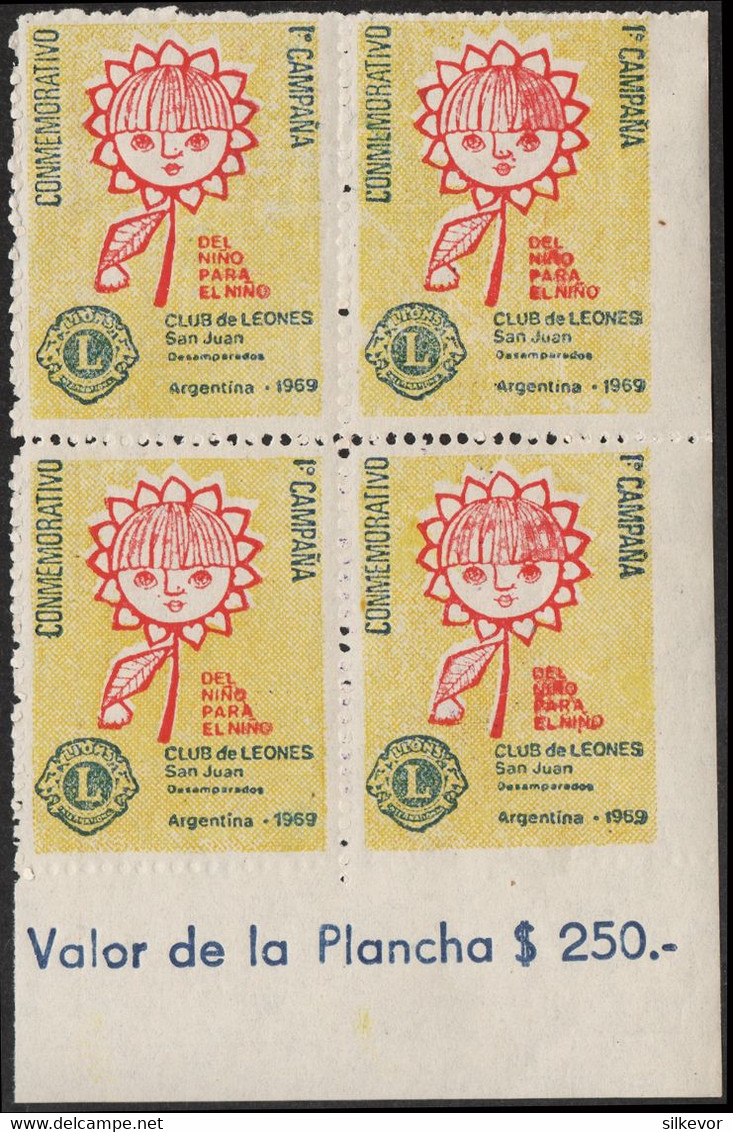 LIONS CLUB-STAMPS-ARGENTINA-1969-CINDERELLA STAMP DESIGNED BY SAN JUAN LIONS CLUB-"FROM CHILD TO CHILD" - Franking Labels