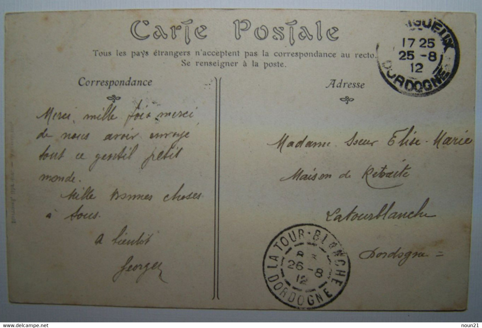 Semeuse 10 C Fond Plein - Perforée Perfin CN - Seul Sur Carte Postale Ancienne - Oblitération La Tour-Blanche 1912 - Covers & Documents