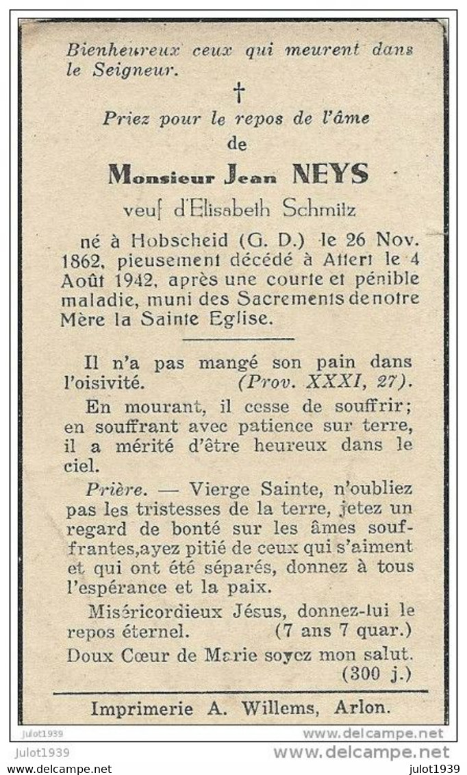 ATTERT ..-- Mr Jean NEYS , Veuf De Mme Elisabeth SCHMITZ , Né En 1862 à HOBSCHEID , Décédé En 1942 . - Attert