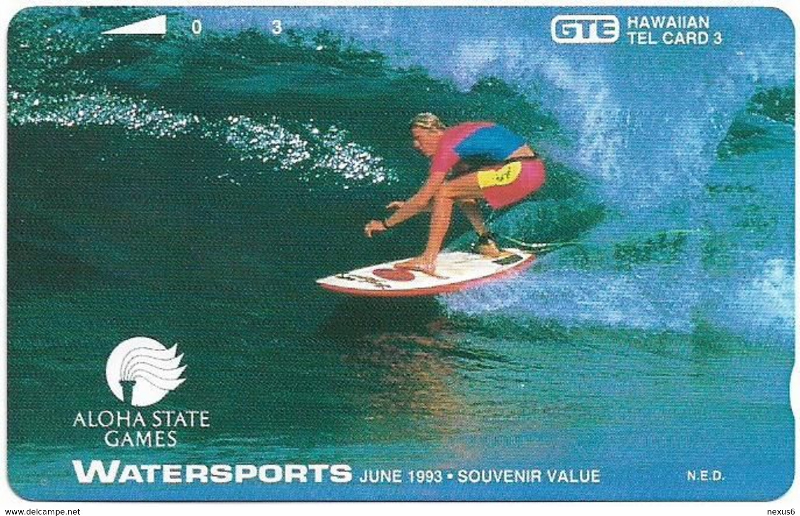 Hawaii - GTE (Tamura) - Aloha State Games, Surfer, 06.1993, 3Units, 3.000ex, Mint - Hawaï