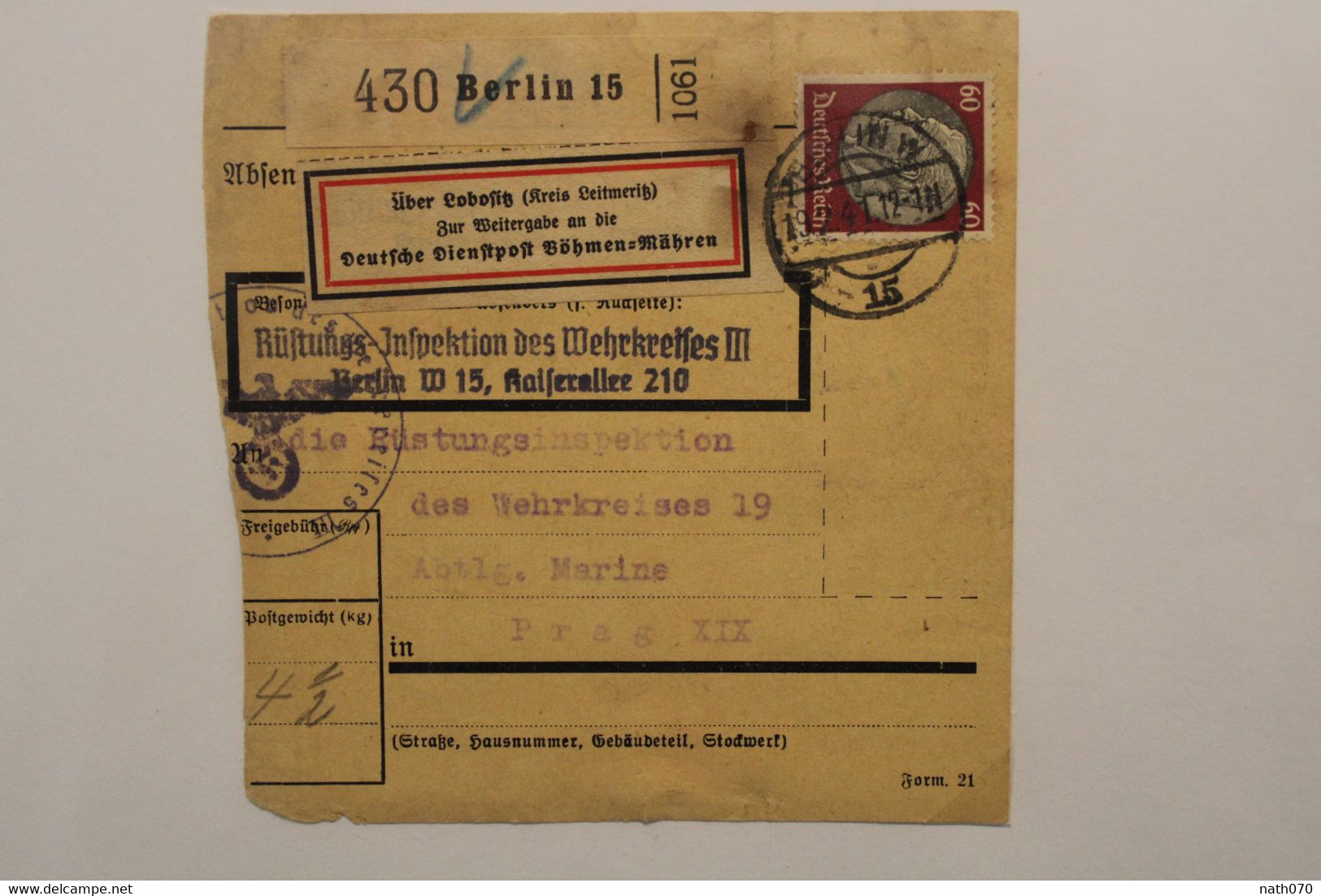 1941 Lobositz Leitmeritz Rüstungs Inspektion Des Wehrkreises Marine Deutsche Dienspost Paketkarte Dt Reich Reichgau - Occupazione 1938 – 45