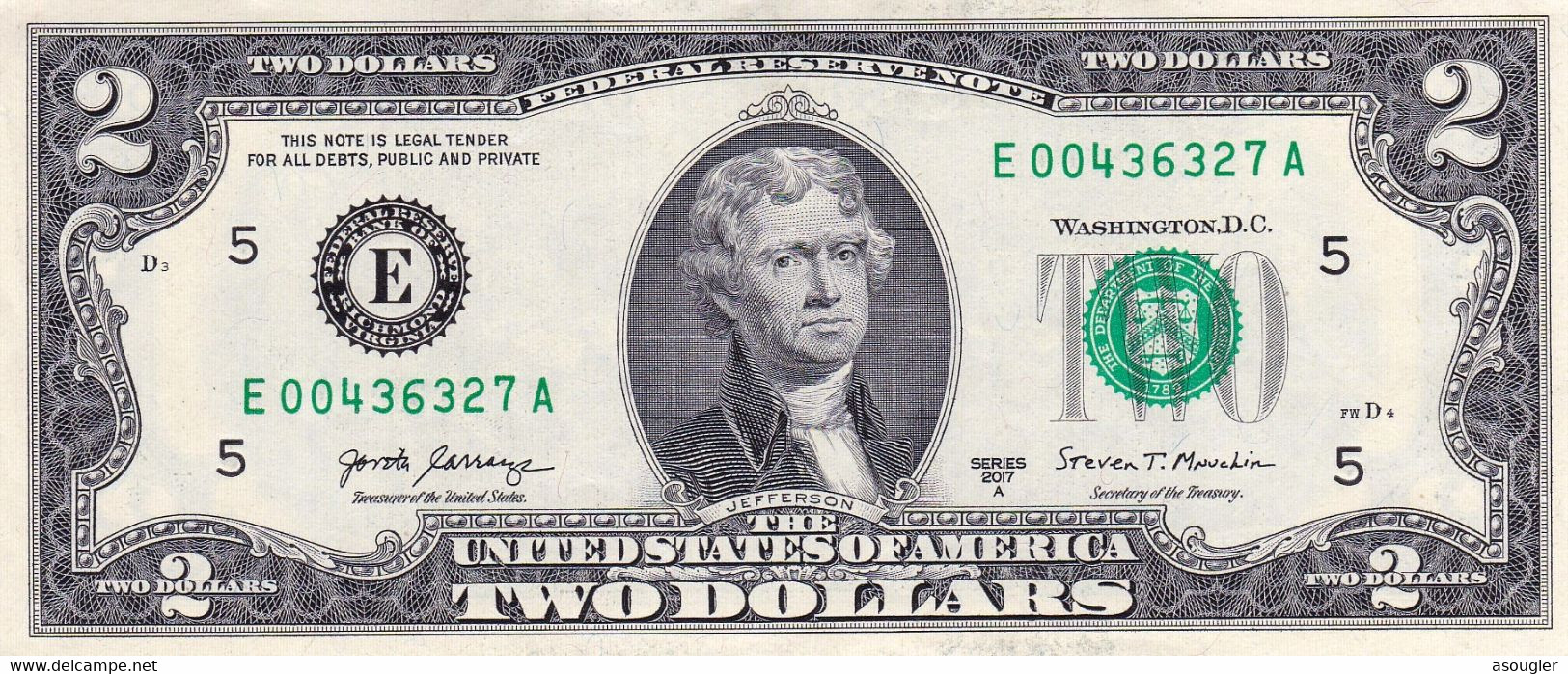USA 2 DOLLARS 2017 A RICHMOND VIRGINIA (E) PREFIX "E-A" AU "free Shipping Via Regular Air Mail (buyer Risk Only)" - Biljetten Van De  Federal Reserve (1928-...)