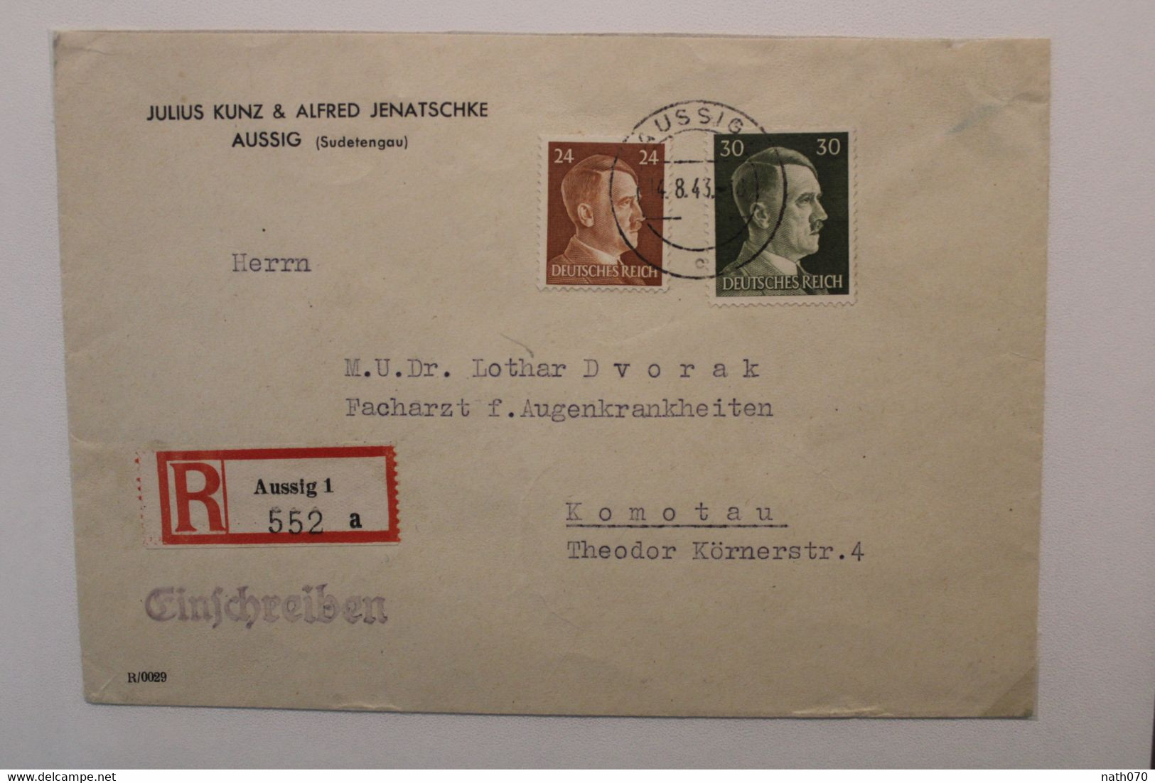 1943 Aussig Komotau Sudetengau Ústí Nad Labem Chomutov Cover Dt Reich Einschreiben Registered Wk2 Sudety - Sudetenland