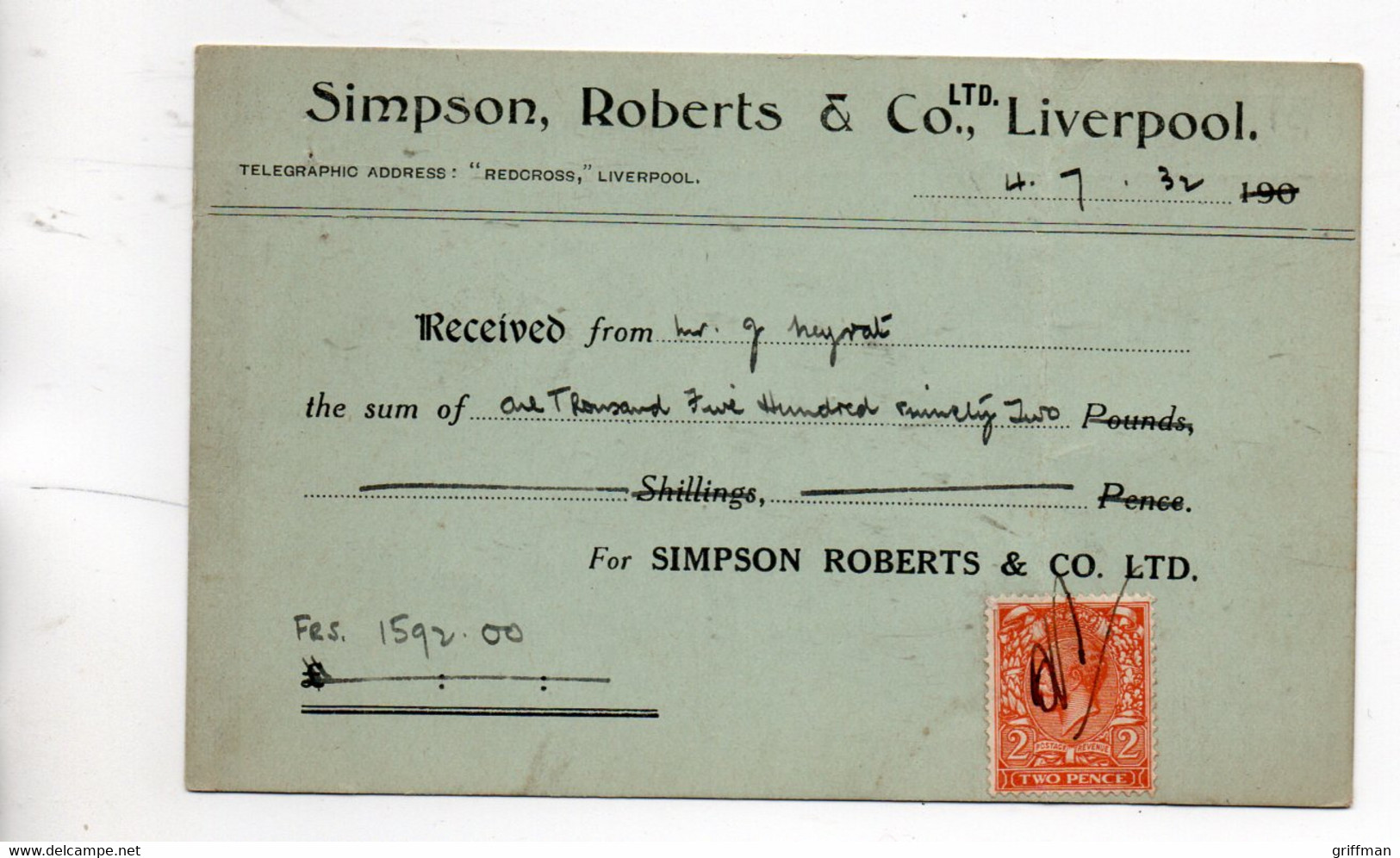 SIMPSON ROBERTS &amp; Co. LIVERPOOL CANADAIN EXPORT &amp; IMPORT MERCHANTS 1932 PUB PUBLICITE - Liverpool