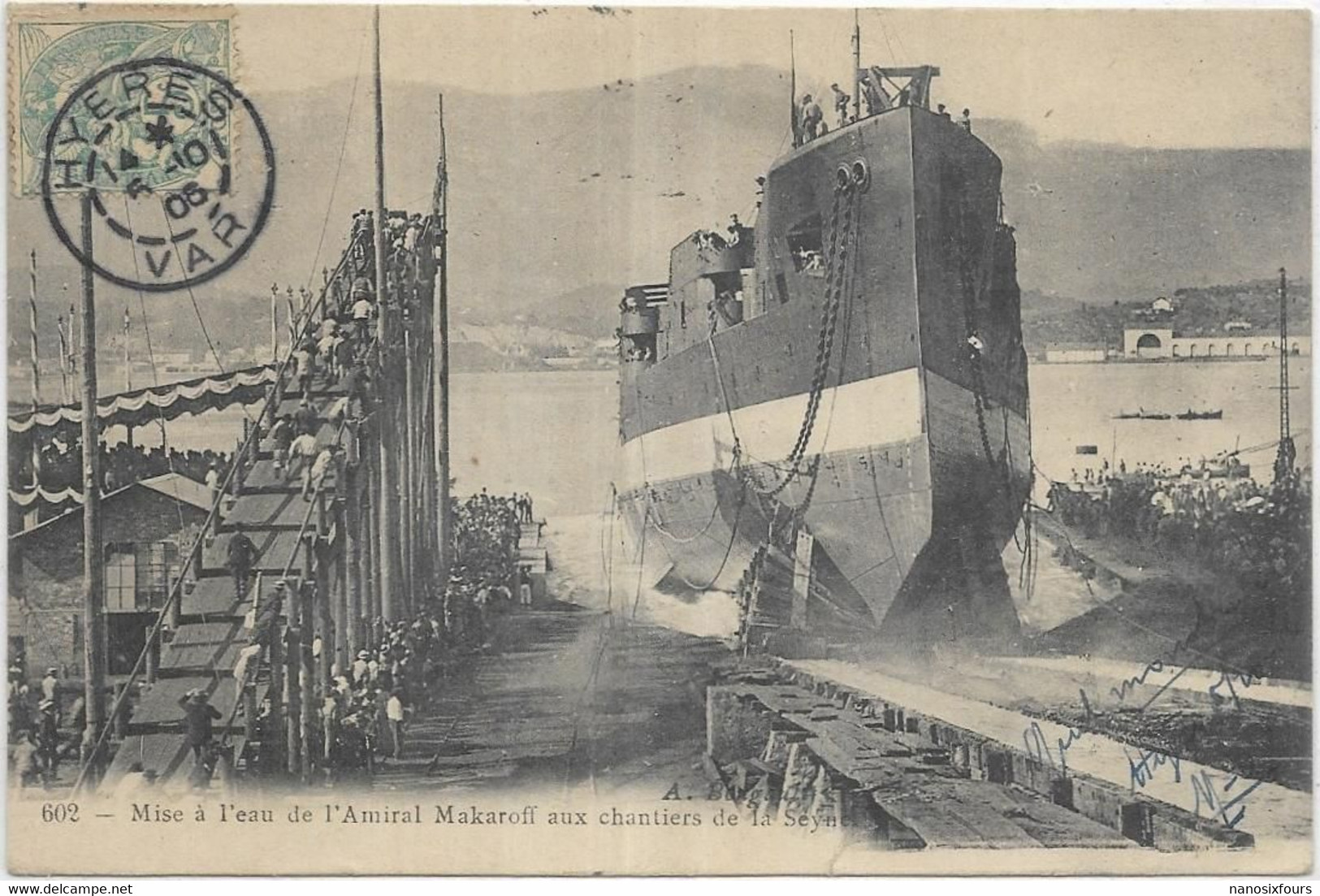 D 83. LA SEYNE SUR MER. FORGES ET CHANTIERS DE LA MEDITERRANEE MISE A L EAU  DE L AMIRAL MAKAROFF  CARTE ECRITE AN 1906 - La Seyne-sur-Mer