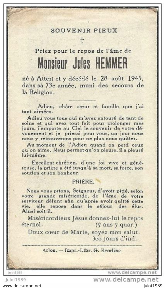 ATTERT ..-- Mr Jules HEMMER , Né En 1872 , Décédé En 1945 . - Attert