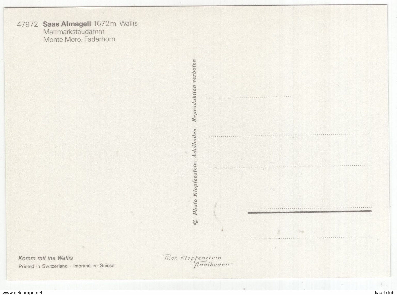 Saas Almagell 1672 M. Wallis - Mattmarkstaudamm, Monte Moro, Faderhorn - (Suisse/Schweiz/CH) - Saas-Almagell