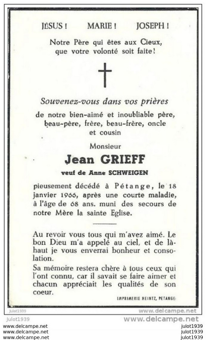 PETANGE ..-- Mr Jean GRIEFF , Veuf De Mme Anne SCHWEIGEN  , Né En 1898 , Décédé En 1966 . - Pétange