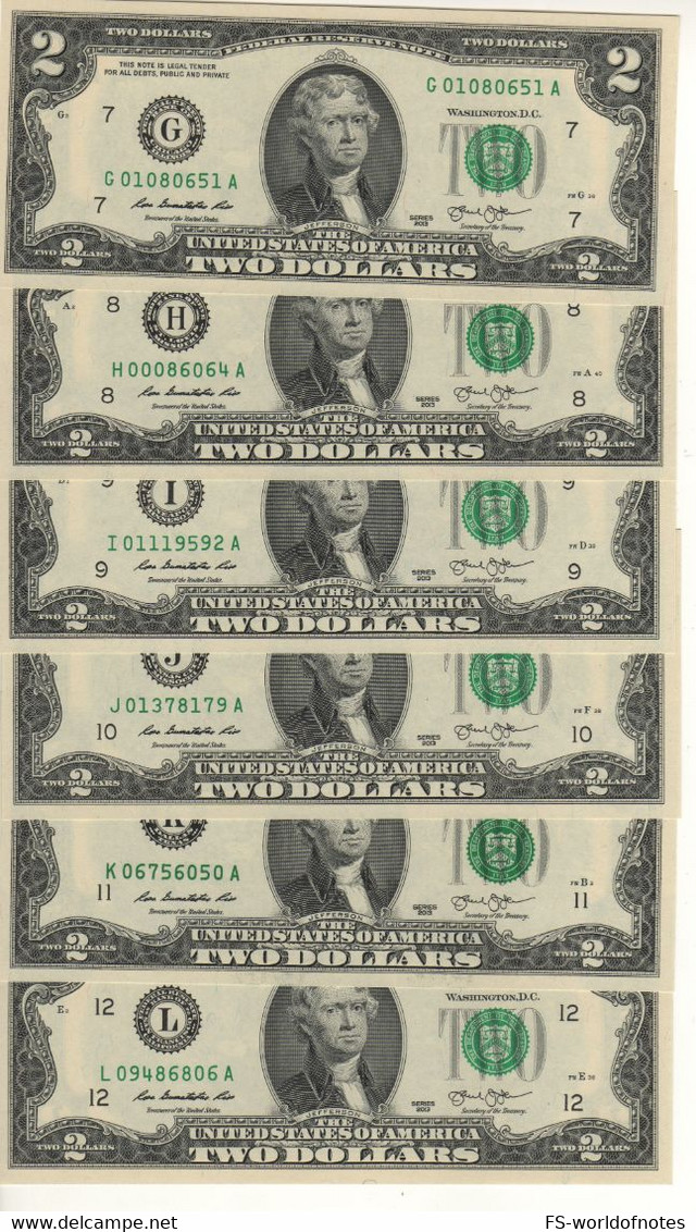 USA   $2 Bills "FULL Set 12 Districts A-B-C-D-E-F-G-H-I-J-K-L"  (dated 2013)  , P538   UNC - Bilglietti Della Riserva Federale (1928-...)