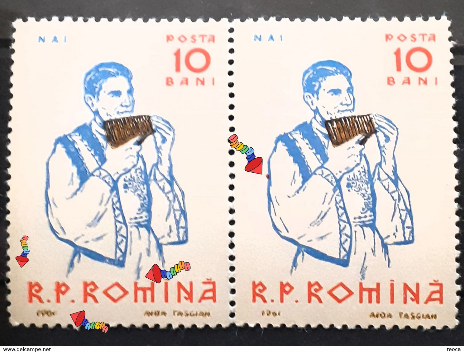 Stamps Errors Romania 1961 # M I 1997 Printed With Multiple Errors Musical Instruments, Nai, Pair X2 Unused - Variétés Et Curiosités