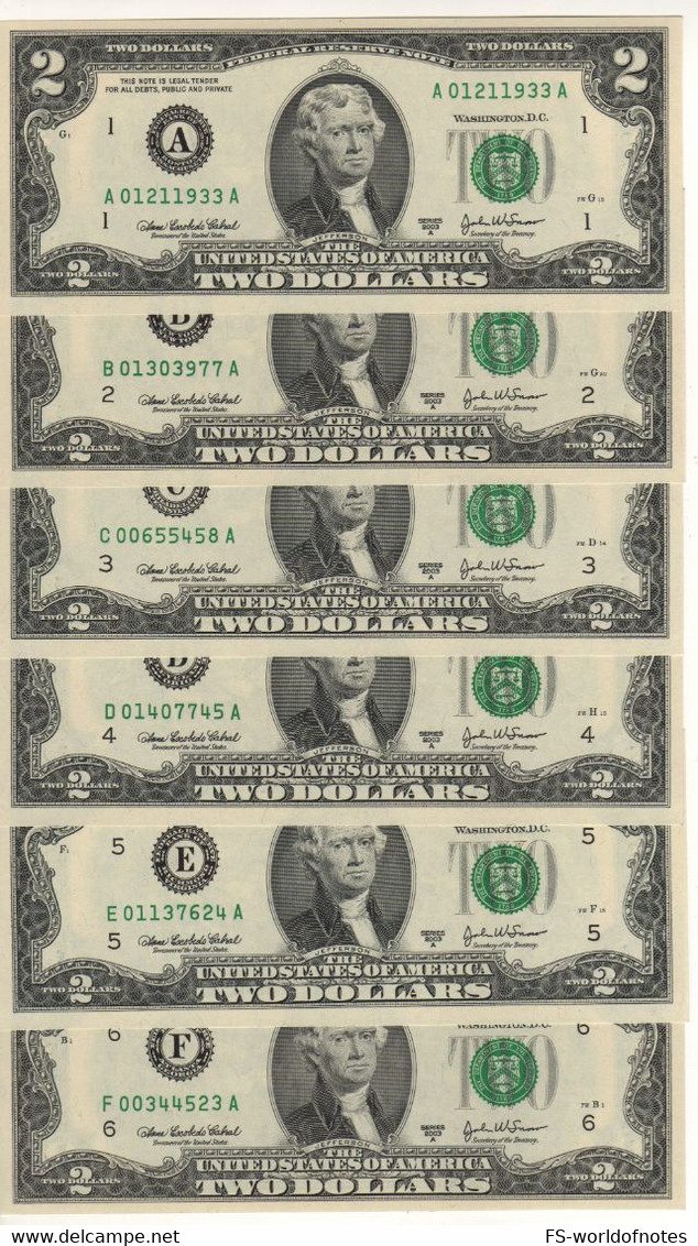 USA   $2 Bills "FULL Set 12 Districts A-B-C-D-E-F-G-H-I-J-K-L"  ( Dated 2003 A )  , P515b   UNC - Billetes De La Reserva Federal (1928-...)
