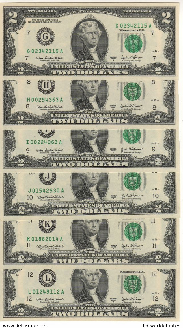 USA   $2 Bills "FULL Set 12 Districts A-B-C-D-E-F-G-H-I-J-K-L"  ( Dated 2003 A )  , P515b   UNC - Bilglietti Della Riserva Federale (1928-...)