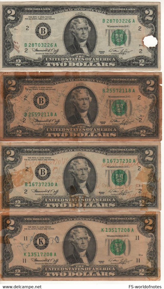 USA   $2 Bills "4 Used Notes"  (dated 1976)  , P461 - Bilglietti Della Riserva Federale (1928-...)