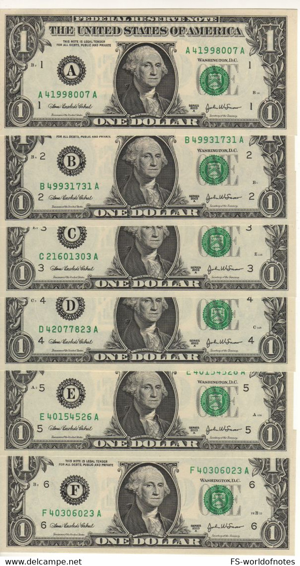 USA   $1 Bills "FULL Set 12 Districts A-B-C-D-E-F-G-H-I-J-K-L"  (dated 2003A)  , P515b     UNC - Federal Reserve Notes (1928-...)