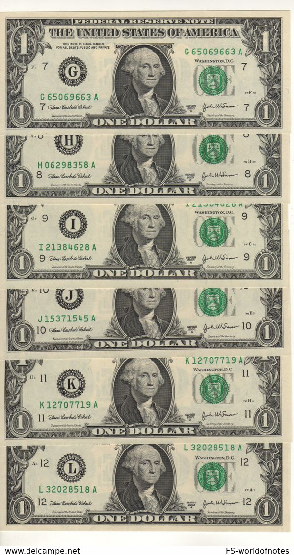 USA   $1 Bills "FULL Set 12 Districts A-B-C-D-E-F-G-H-I-J-K-L"  (dated 2003A)  , P515b     UNC - Bilglietti Della Riserva Federale (1928-...)