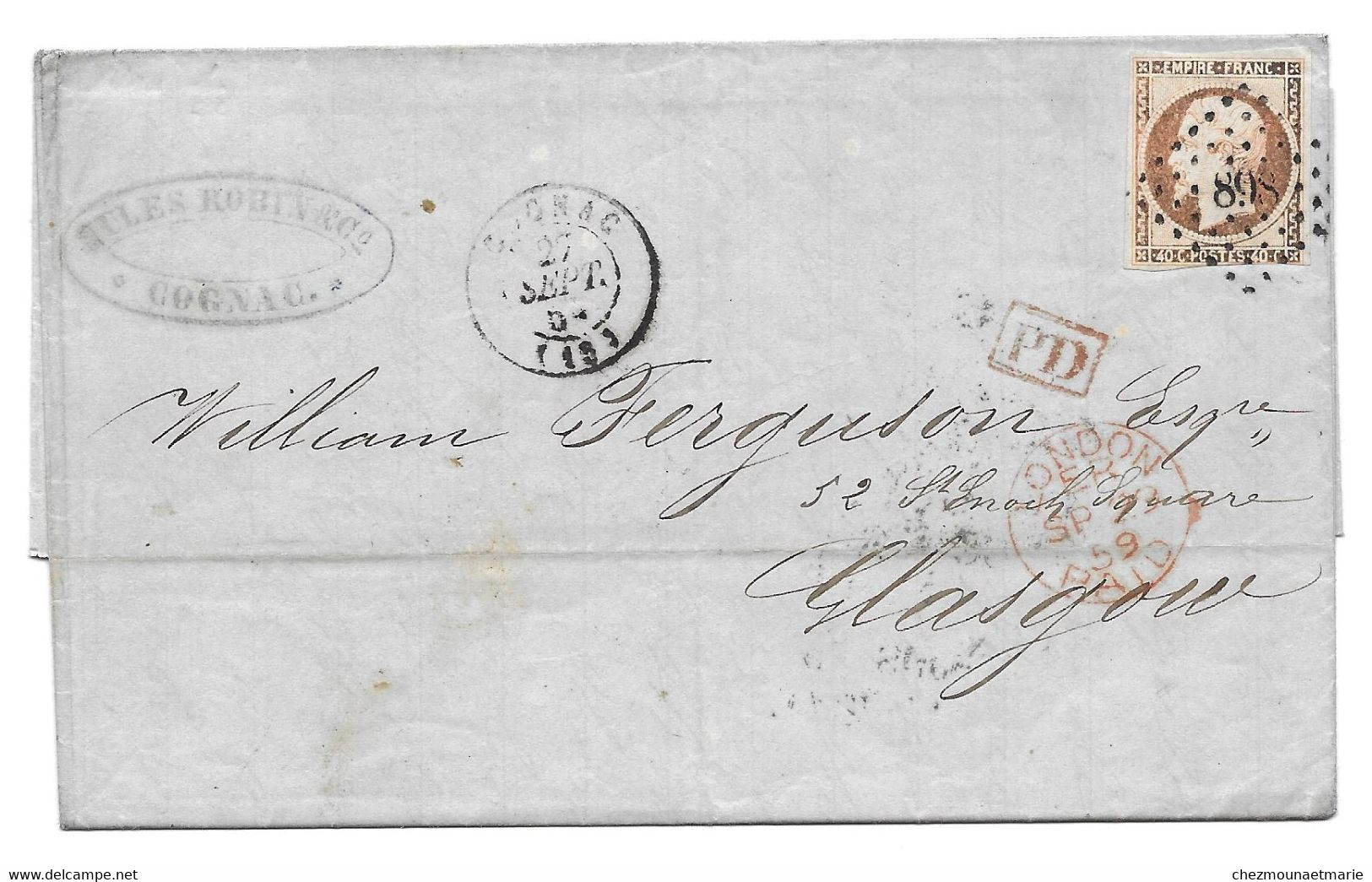 1859 COGNAC GLASGOW NAPOLEON 40C VARIETE ORANGE - LAS - 1853-1860 Napoléon III.