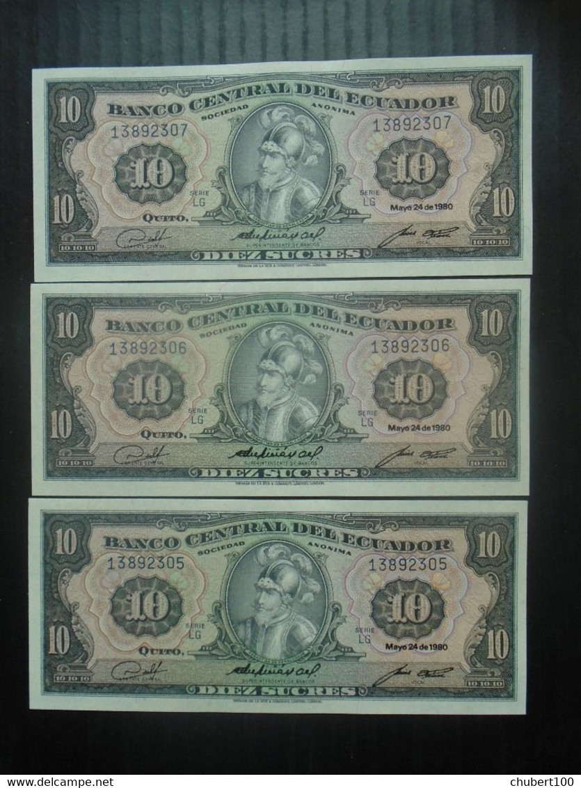 ECUADOR,  P 114b , 10 Sucres , 1980 , Almost UNC Presque Neuf , 3 Consecutive Notes , 50% Discount - Ecuador