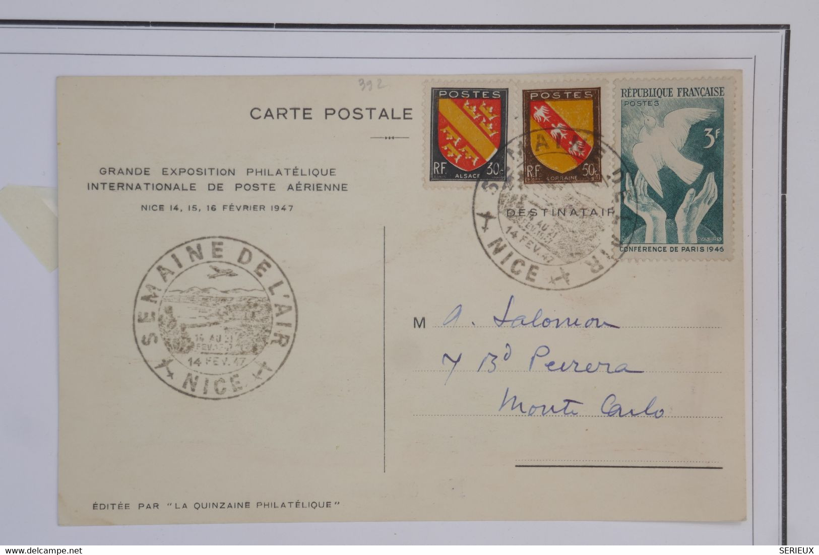 AZ5  FRANCE   BELLE CARTE AVIATION 1947  SEMAINE DE L AIR NICE. + AFFRANCHISSEMENT PLAISANT - 1927-1959 Lettres & Documents
