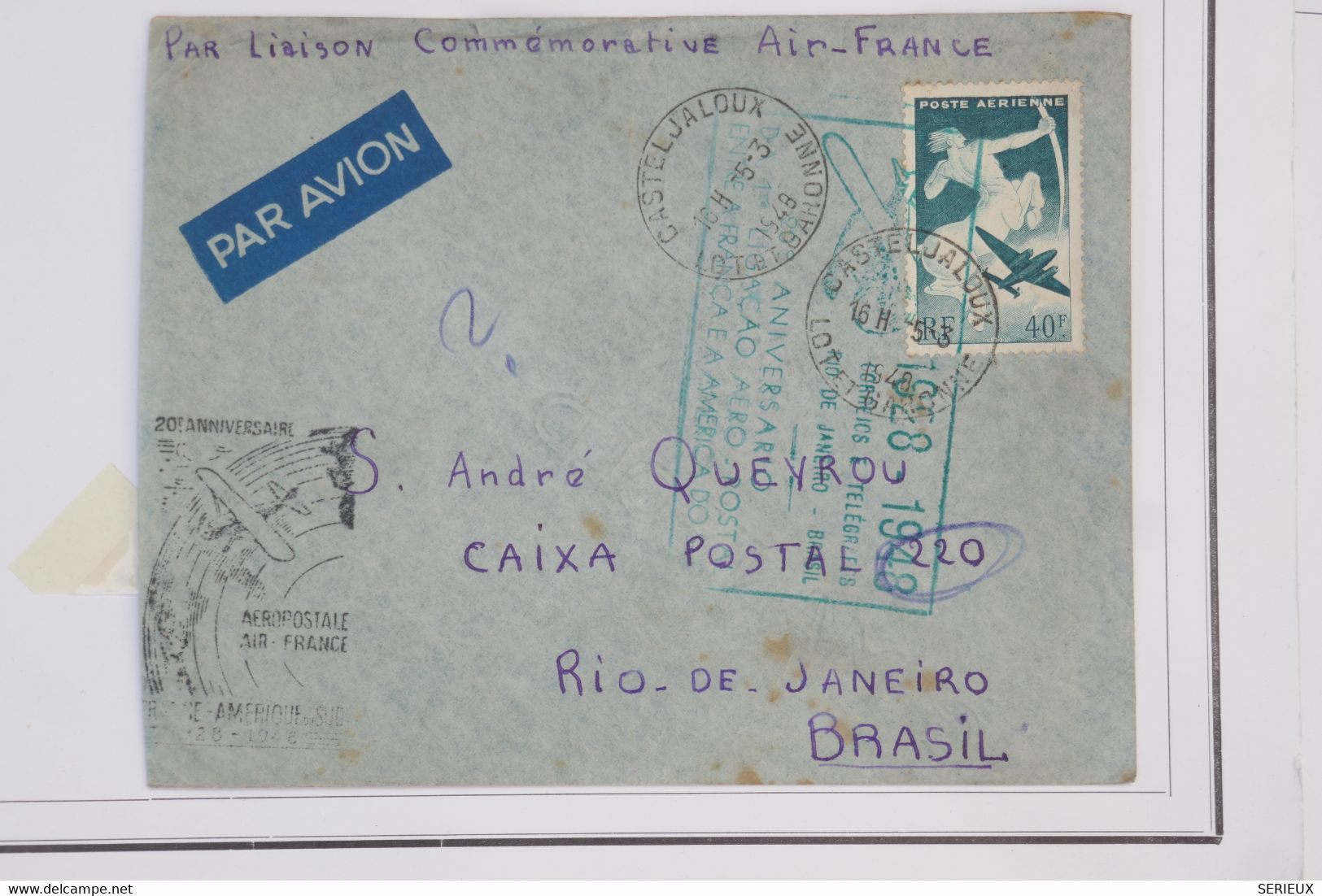 AZ5  FRANCE   BELLE LETTRE  AVIATION 1948 CASTELJALOUX AIR FRANCE   POUR RIO DE JANEIRO+ PA 40F   + AFFRANCH. PLAISANT - 1927-1959 Lettres & Documents