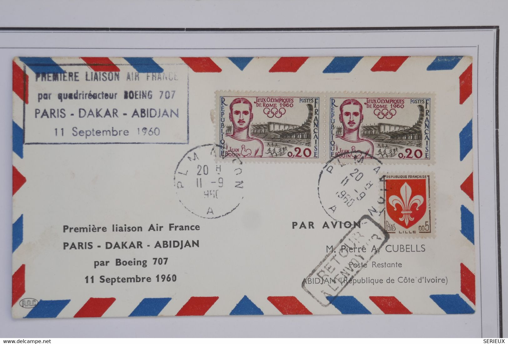 AZ5  FRANCE   BELLE LETTRE  AVIATION 1960 1ER VOL PARIS ABIDJAN  COTE D IVOIRE +BOEING 707   + AFFRANCH. PLAISANT - 1927-1959 Lettres & Documents