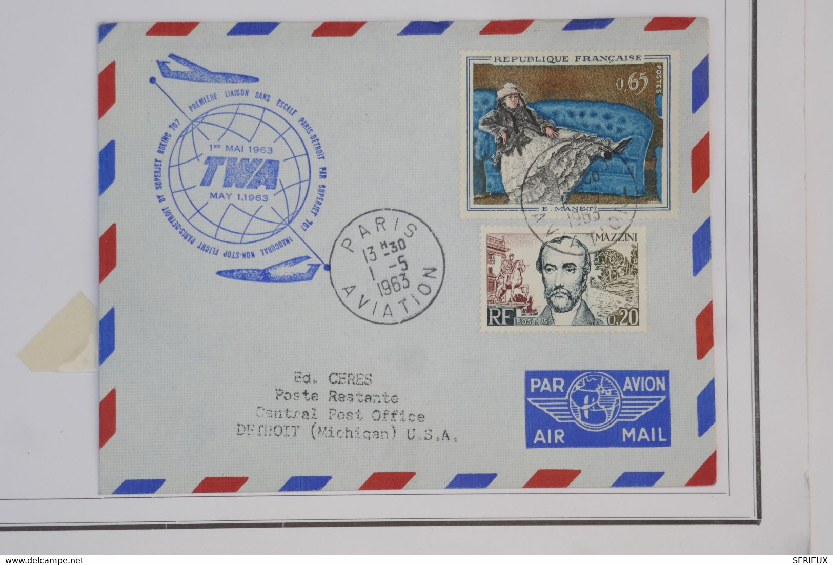 AZ5  FRANCE   BELLE LETTRE  AVIATION 1963 TWA   PARIS A DETROIT USA  + AFFRANCH. PLAISANT - 1960-.... Lettres & Documents