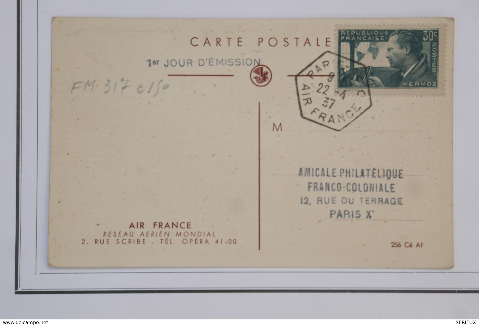 AZ5  FRANCE   BELLE  CARTE   AVIATION 1937    PARIS  AIR FRANCE + MERMOZ +AERIEN++ AFFRANCH. HEXAGONAL PLAISANT - 1927-1959 Lettres & Documents