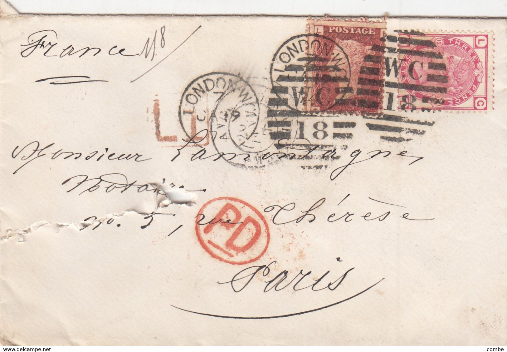LETTRE. 1874. LONDON WC 18. POUR PARIS. PD. CALAIS. 1p + 3p (12) - Covers & Documents