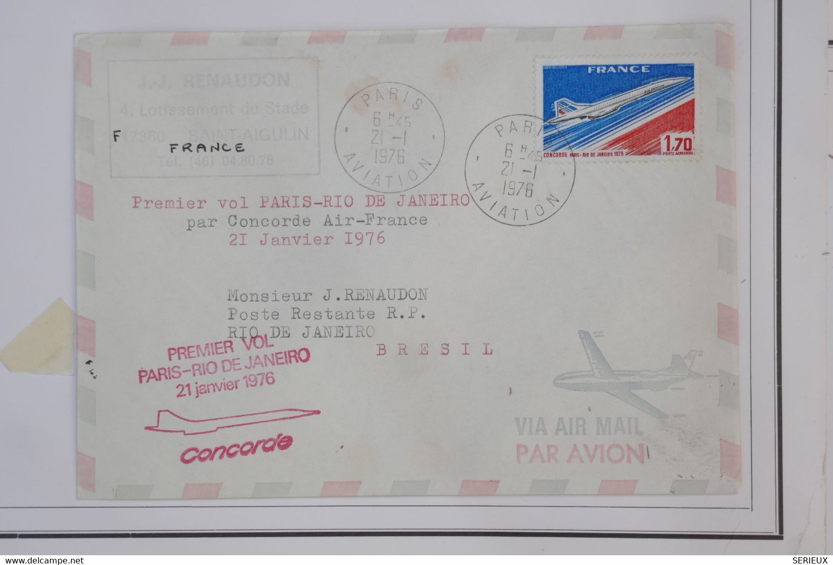 AZ5  FRANCE   BELLE LETTRE  AVIATION 1976 AIR FRANCE  1ER VOL PARIS A RIO DE JANEIRO   + AFFRANCH. PLAISANT - Premiers Vols