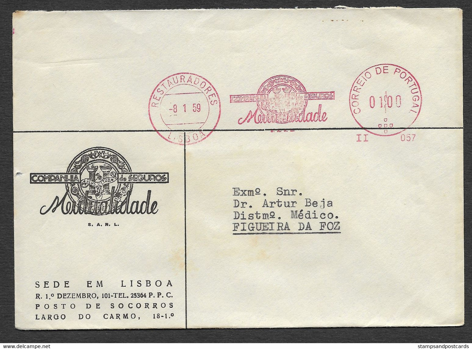 Portugal Lettre Assurance Mutualidade Vignette EMA Cachet Rouge 1959 Cover Cinderella Insurance Co. Franking Meter - Briefe U. Dokumente
