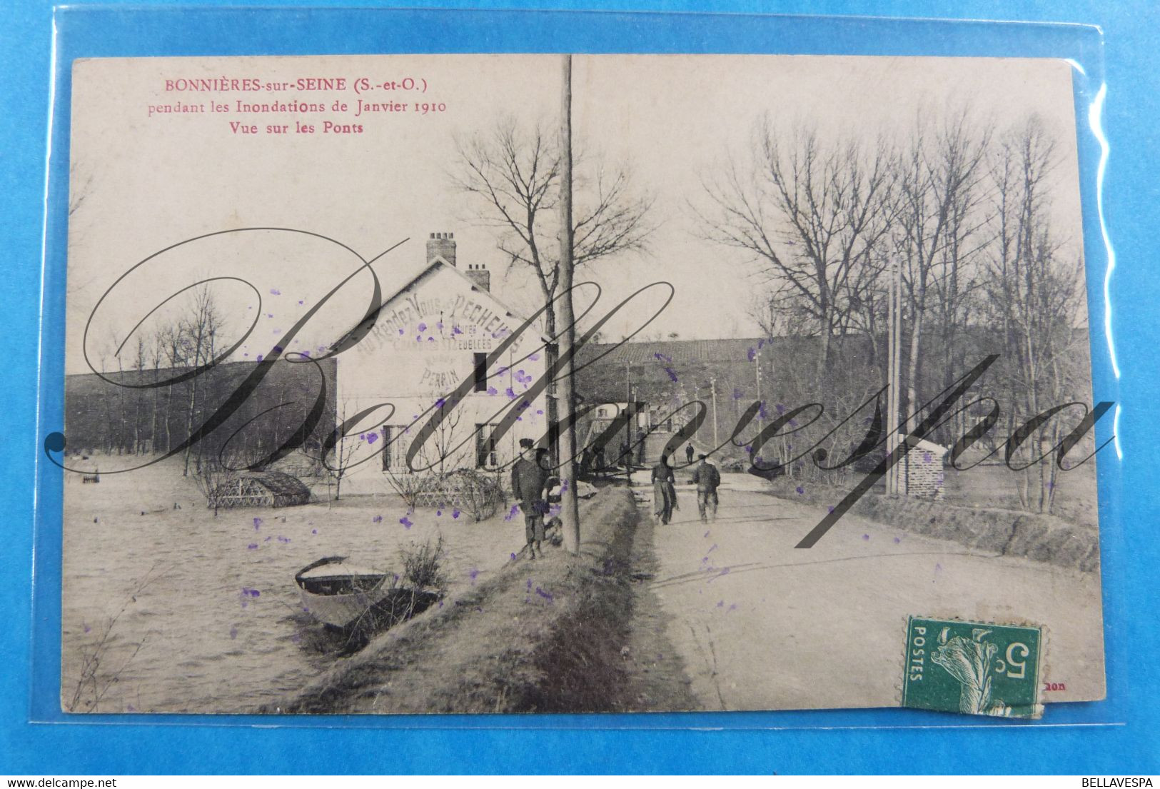 Bonnieres Inondations 1910 Vue Sur Le Ponts.  Maison Perrin. Au Rendez Vous Des Pecheurs - Bonnieres Sur Seine