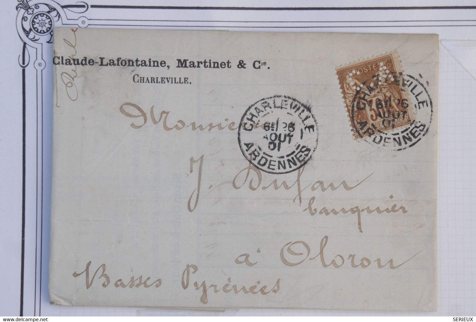 AZ6  FRANCE   BELLE LETTRE PERFIN 1901  CHARLEVILLE  A OLORON +SAGES 30C PERFORéS++  + AFFRANCH. PLAISANT - Briefe U. Dokumente