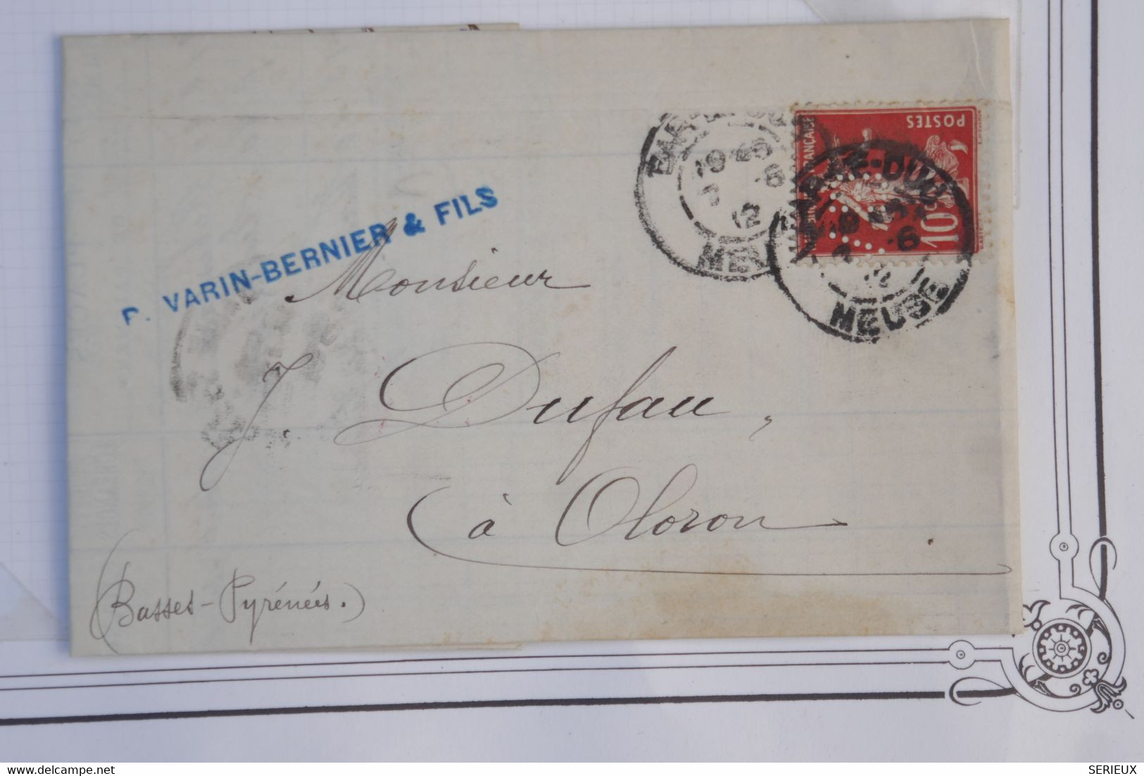 AZ6  FRANCE   BELLE LETTRE  PERFIN 1912  BAR LE DUC   A OLORON +SEMEUSE 10C PERFORéS++  + AFFRANCH. PLAISANT - Briefe U. Dokumente