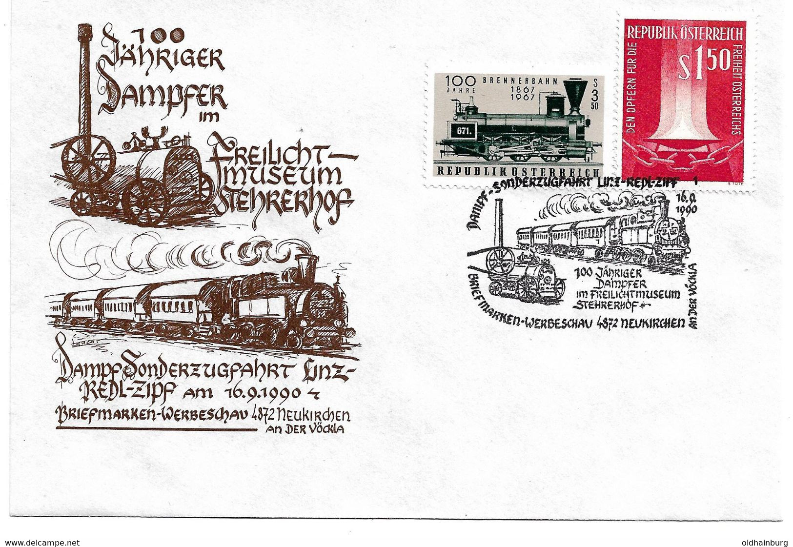 2141b: Dampf- Sonderzugfahrt Linz- Redl- Zipf Oldtimer- Eisenbahn 1990 Sonderstempel Neukirchen - Vöcklabruck