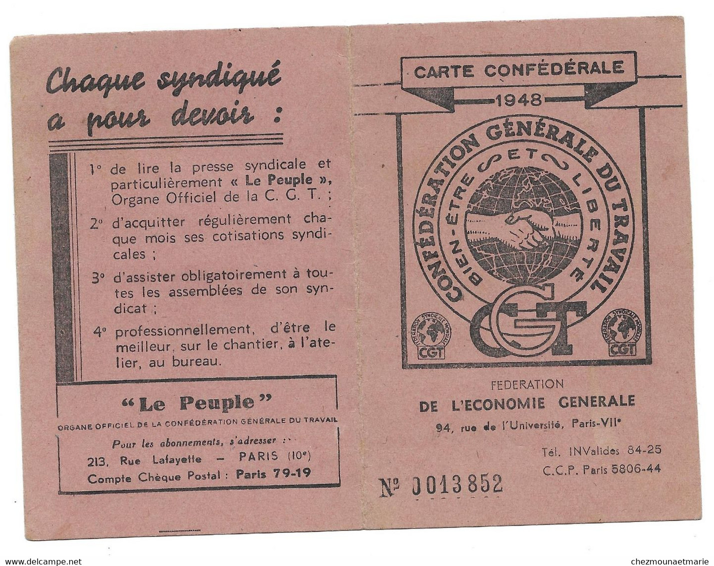 1948 LONS LE SAUNIER CGT CARTE CONFEDERALE SYNDICAT RAVITAILLEMENT MOLIN GILBERTE - Historische Dokumente