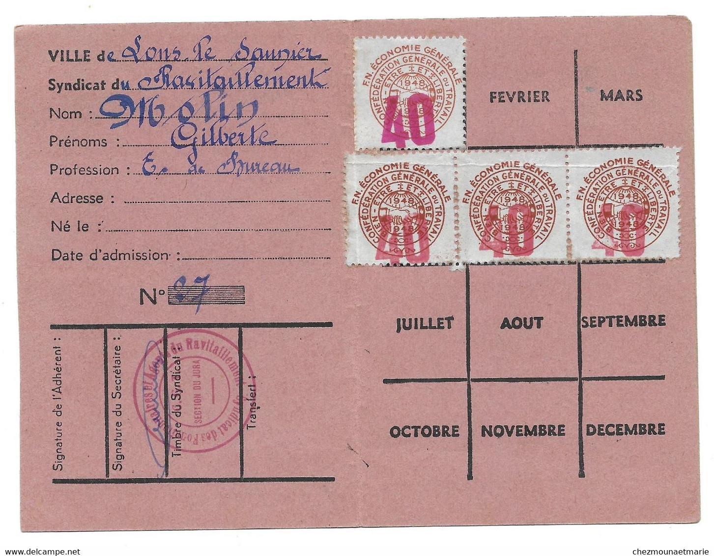 1948 LONS LE SAUNIER CGT CARTE CONFEDERALE SYNDICAT RAVITAILLEMENT MOLIN GILBERTE - Historische Dokumente