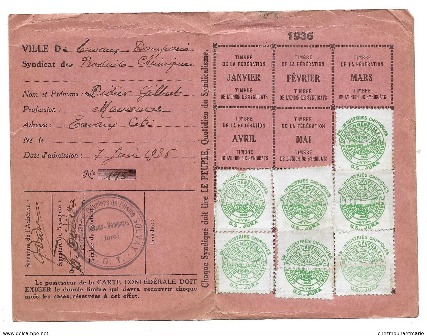 1936 TAVAUX DAMPARIS CGT CARTE CONFEDERALE SYNDICAT PRODUITS CHIMIQUES USINE SOLVAY DIDIER GILBERT - Documentos Históricos