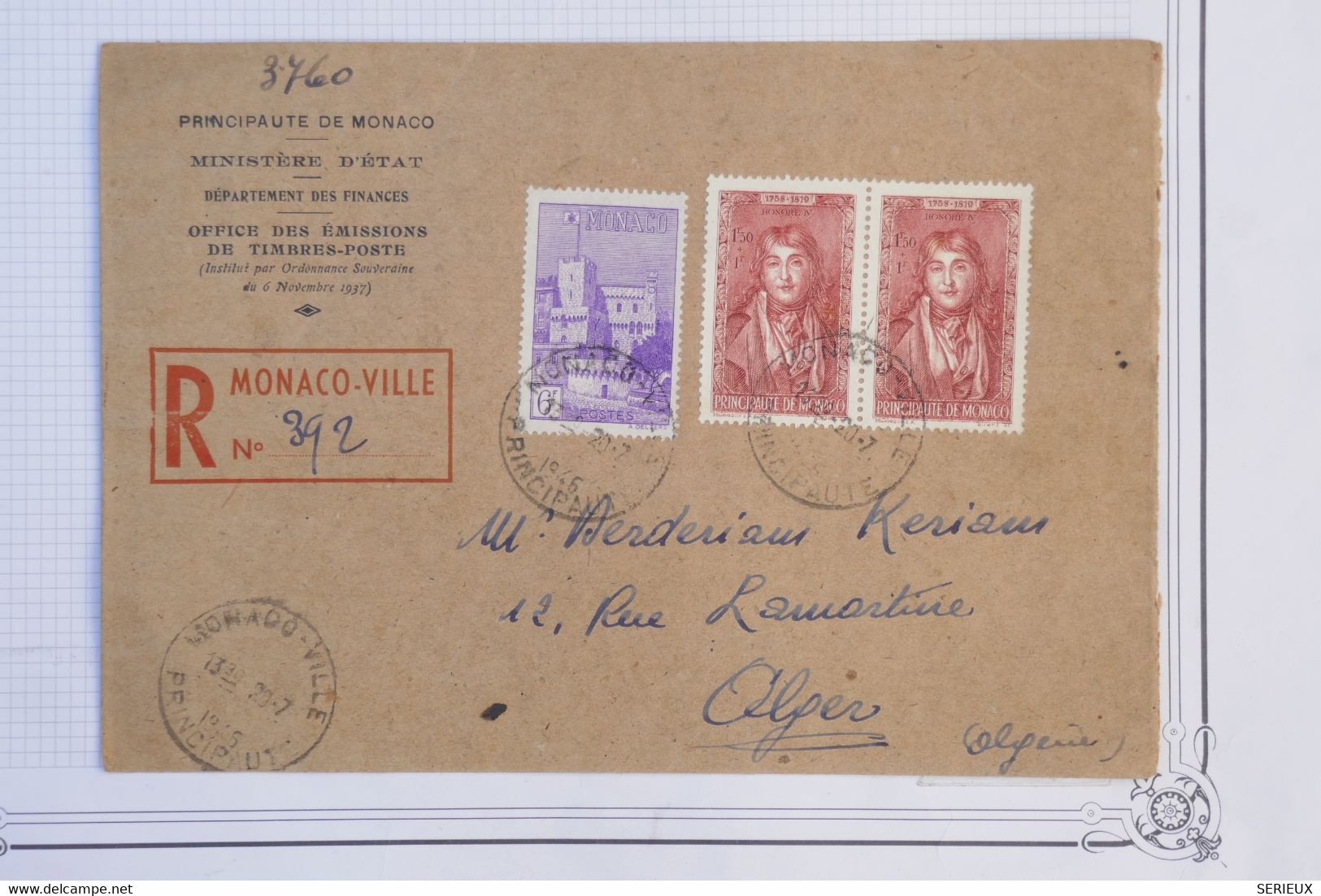 AZ6  MONACO  BELLE LETTRE RECOM.   1920   ++++ MONTE CARLO    A  ALGER + PAIRE HONORé++ AFFRANCH. PLAISANT - Briefe U. Dokumente