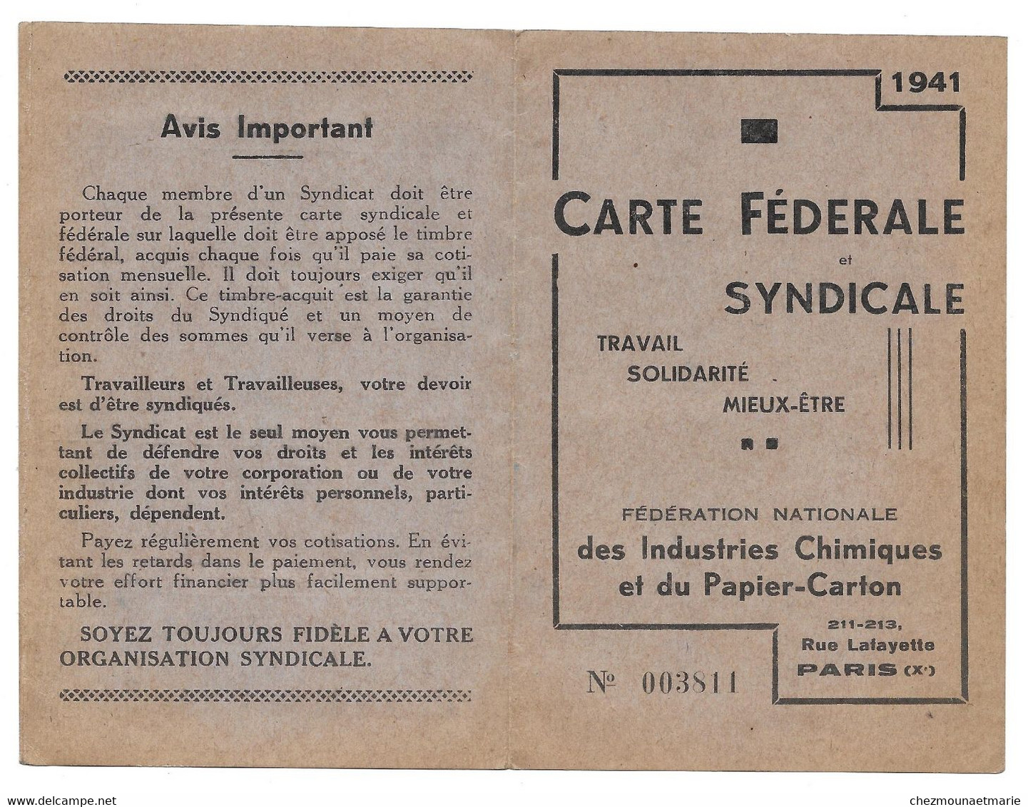 1941 TAVAUX DAMPARIS CARTE FEDERALE SYNDICALE INDISTRIES CHIMIQUES USINE SOLVAY DIDIER GILBERT - Documentos Históricos