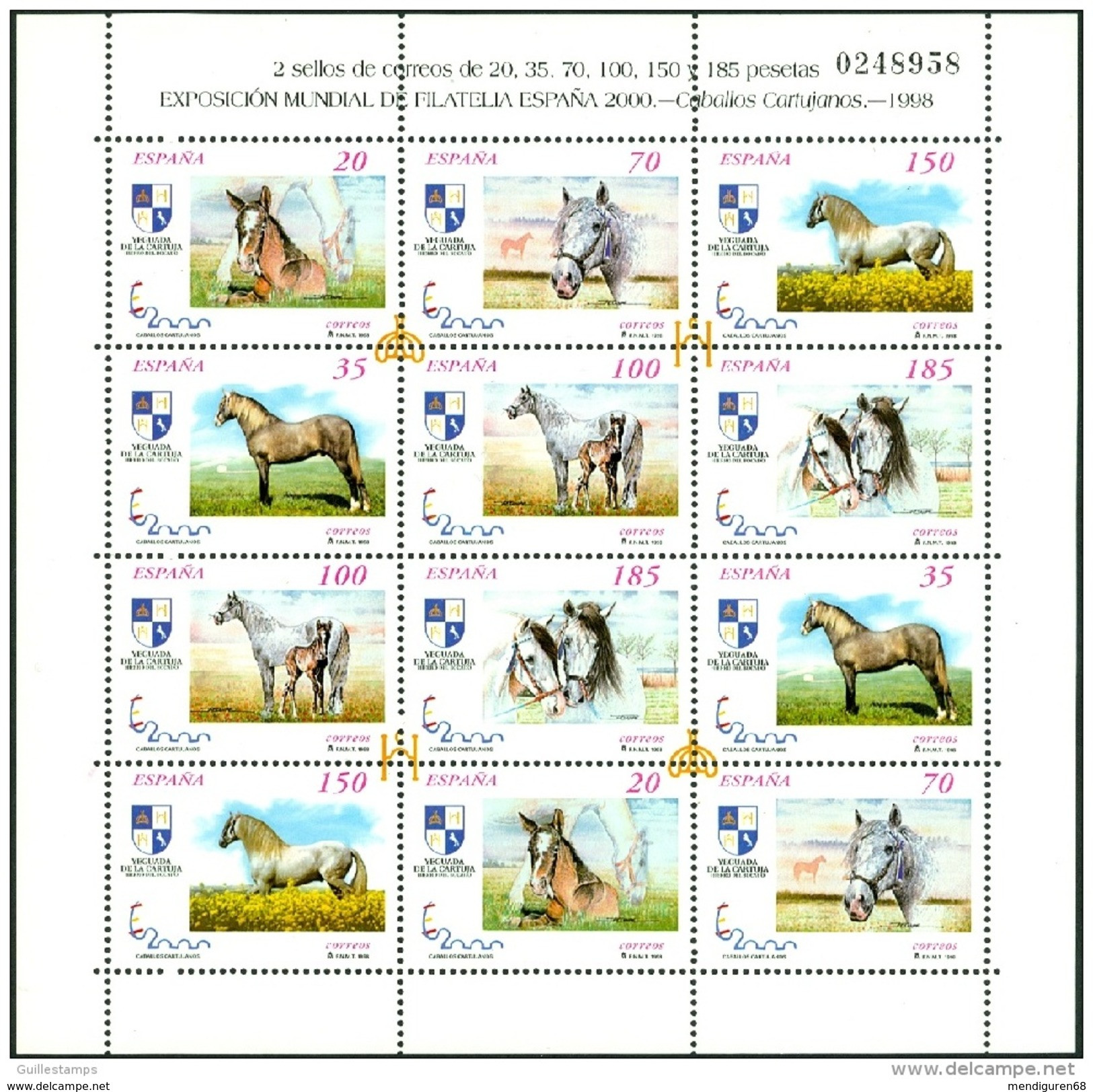 ESPAGNE ESPAÑA SPAIN ESPAÑA 1998 CARTUJAN HORSES Caballos Cartujanos MNH ED HB3608-13 Y 3177-3182a MI B-3443 I - 48 II - Blocs & Hojas
