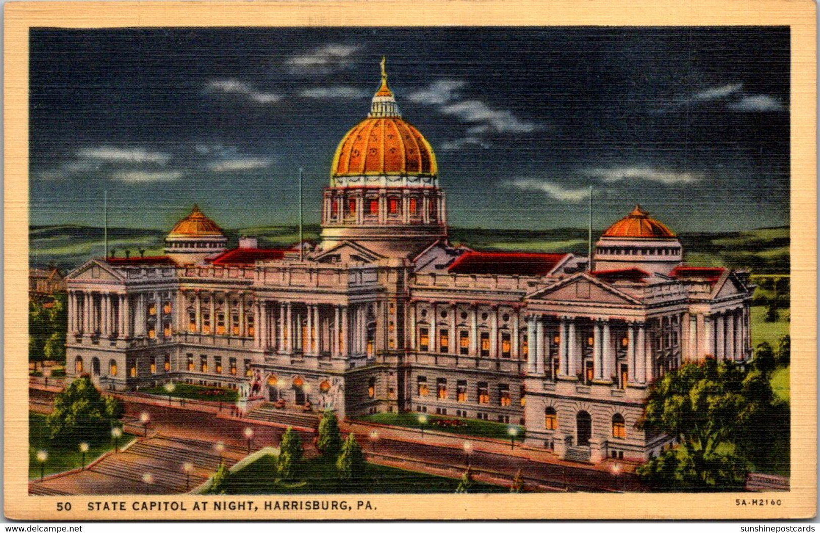 Pennsylvania Harrisburg State Capitol Building At Night Curteich - Harrisburg