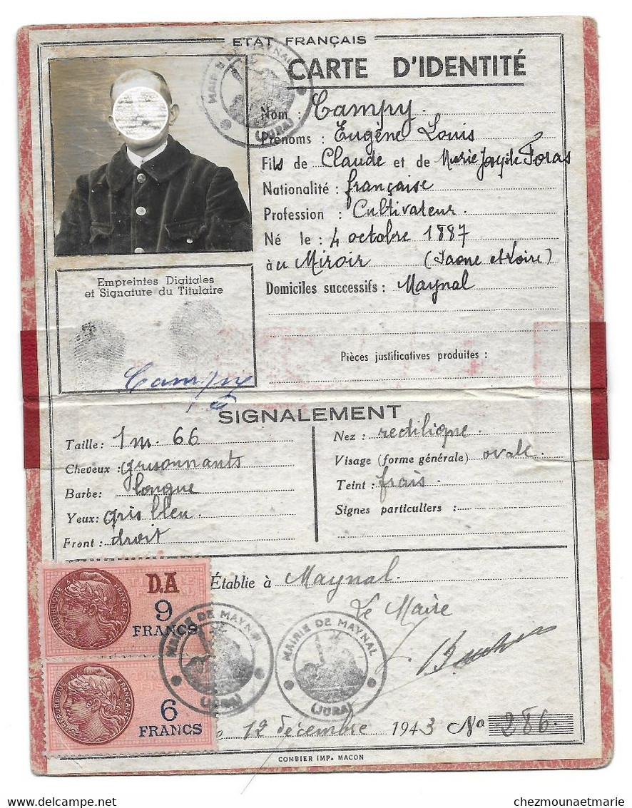 1943 MAYNAL CAMPY EUGENE NE A MIROIR EN 1887 - CARTE IDENTITE JURA - Documentos Históricos