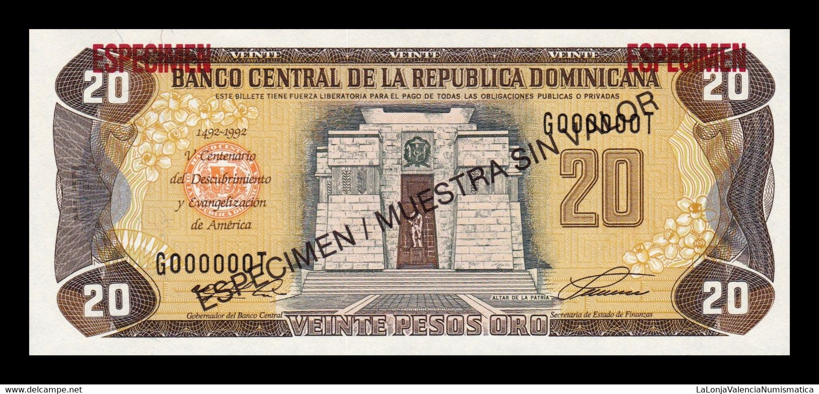República Dominicana 20 Pesos Oro Commemorative 1992 Pick 139s Specimen SC UNC - Dominicaine