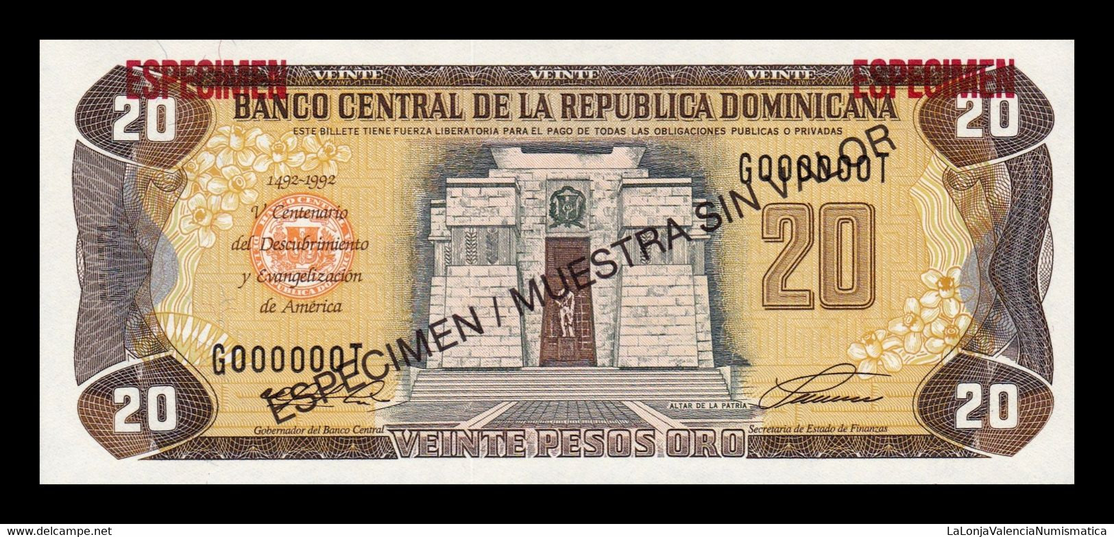 República Dominicana 20 Pesos Oro Commemorative 1992 Pick 139s Specimen SC UNC - Dominicana