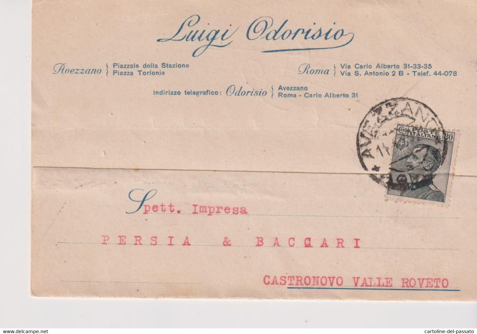 AVEZZANO  STORIA POSTALE TESTATINA  ODORISIO  1930 - Avezzano