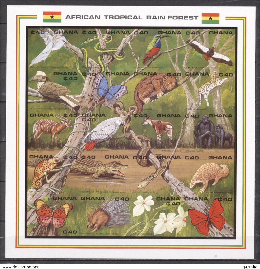 Ghana 1990,Animals, Bird, Butterflies, Crocodile, Bird Of Prey, Gorilla, Snake, Parrot, Leopard, Sheetlet IMPERFORATED - Gorilles