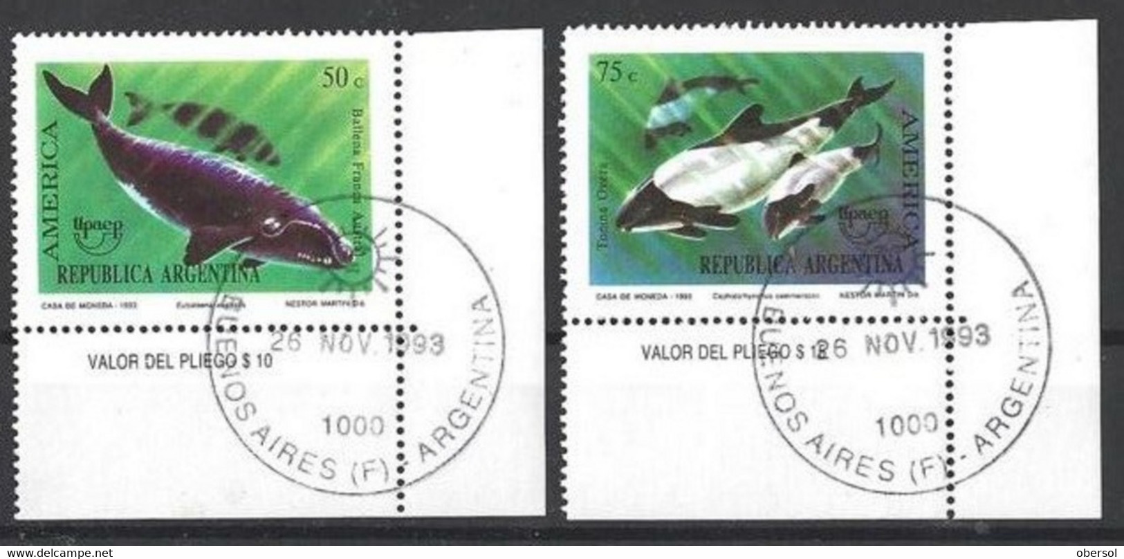 Argentina 1993 UPAEP Whales Complete Set With Philatelic Cancel With Gum - Oblitérés