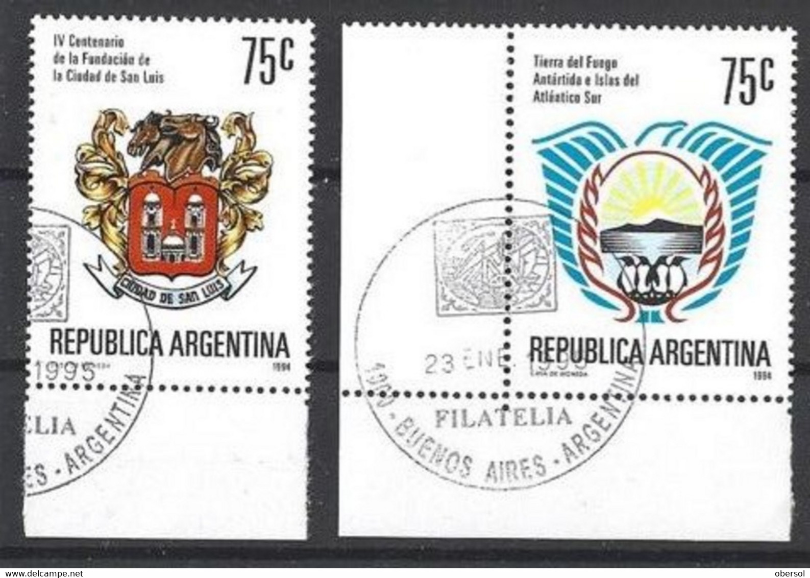 Argentina 1994 San Luis And Tierra Del Fuego Shields Philatelic Cancel With Gum - Oblitérés