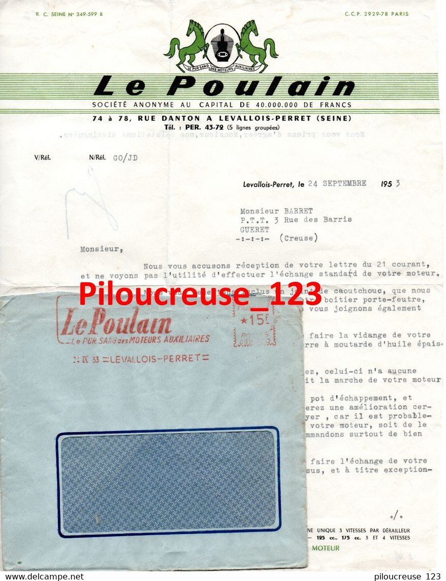 THEME CYCLE - Facture + Enveloppe Le Poulain - Le Pur Sang Des Moteurs Auxiliaires - Levallois Perret (92) - Deportes & Turismo