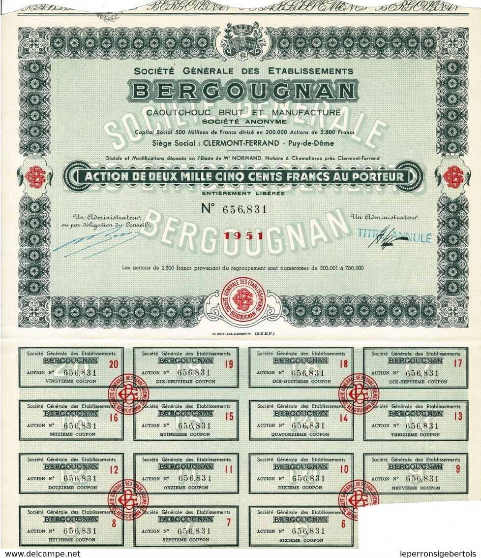 - Titre De 1951- Société Générale Des Etablissements Bergougnan - Caoutchouc Brut Et Manufacture - - Industrie