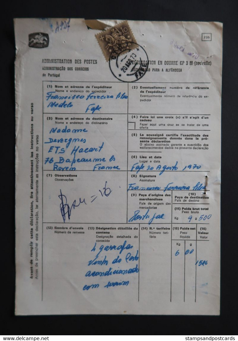 Portugal Declaration Douane Avec Timbre Exportation Vin Porto Fafe 1970 Port Wine Customs Declaration With Stamp - Lettres & Documents